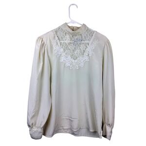 Vintage Joyce Cream Lace High Neck Blouse Long Sleeve Victorian Style Size 10